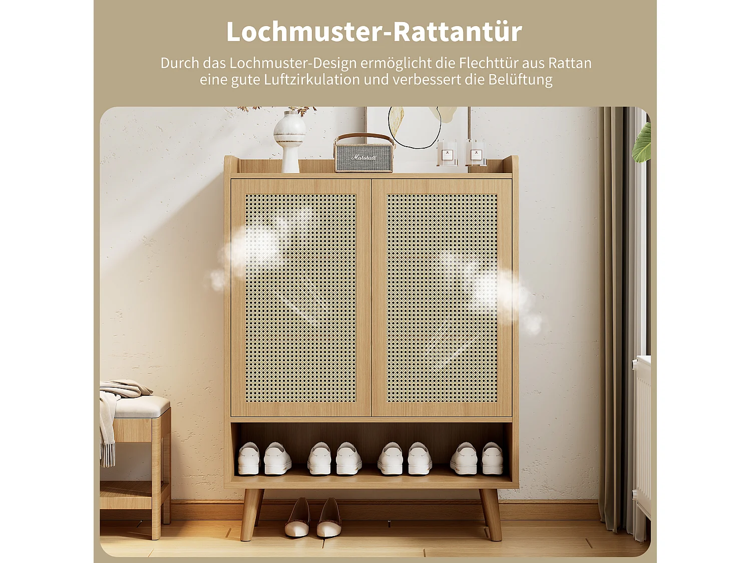 Zapatero de ratán natural - 2 puertas y 5 estantes - madera maciza - roble