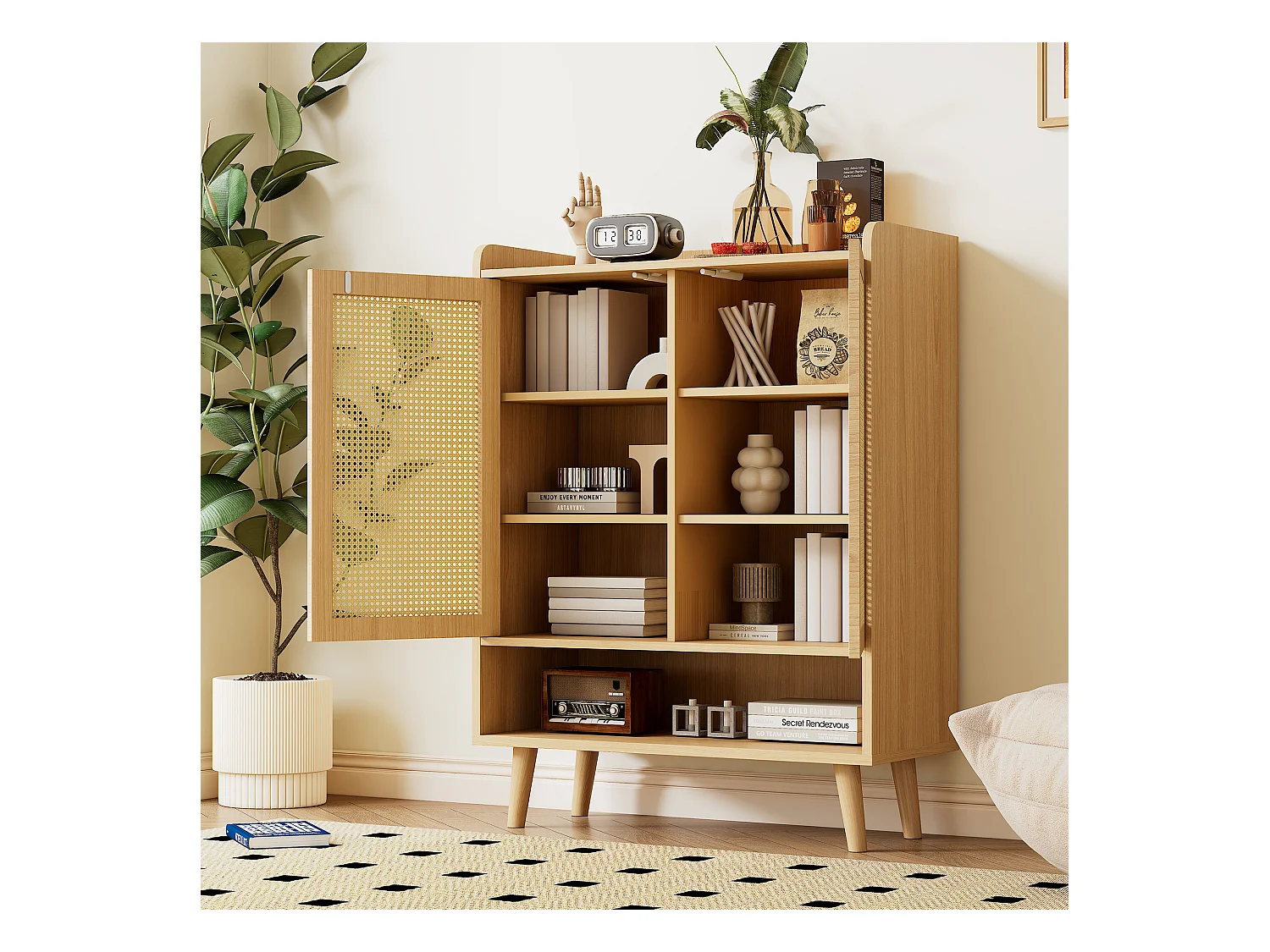 Meuble à chaussures en rotin naturel - 2 portes et 5 étagères - bois massif - chêne