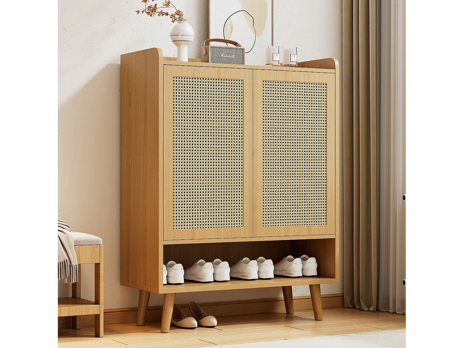 SogesHome Scarpiera In Rattan 2 Ante Con Ripiano Regolabile - Colore Noce - 104x40x48 Cm Per Corridoio E Ingresso