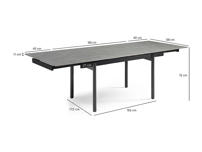 Table extensible 180/260 cm céramique gris marbré pieds droits - ARIZONA 09