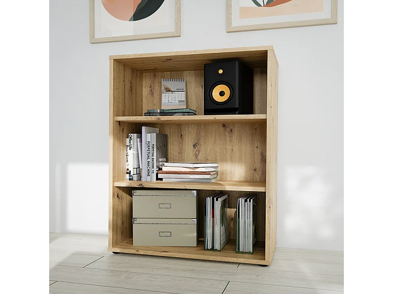 Bibliothèque H. 115 cm 3 niveaux décor chêne rustique - MANOLO