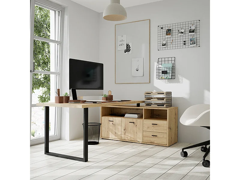 Bureau d'angle 181 cm décor chêne rustique et rangements - MANOLO