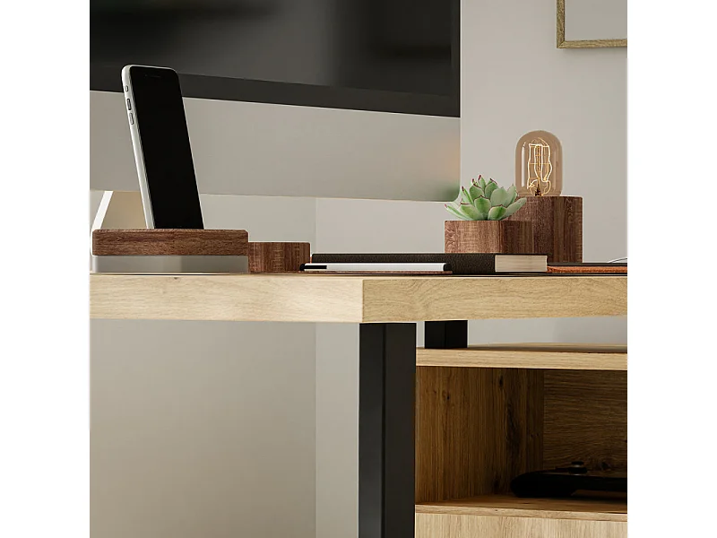 Bureau d'angle 181 cm décor chêne rustique et rangements - MANOLO