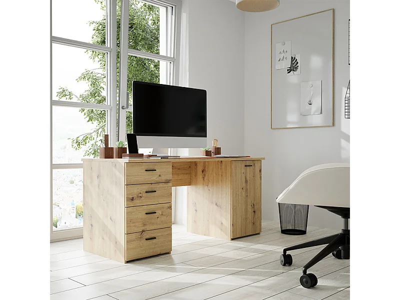 Bureau droit 145 cm décor chêne rustique 1 placard 4 tiroirs - MANOLO