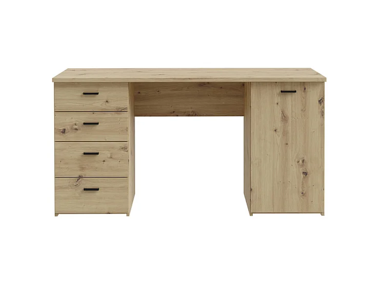Bureau droit 145 cm décor chêne rustique 1 placard 4 tiroirs - MANOLO
