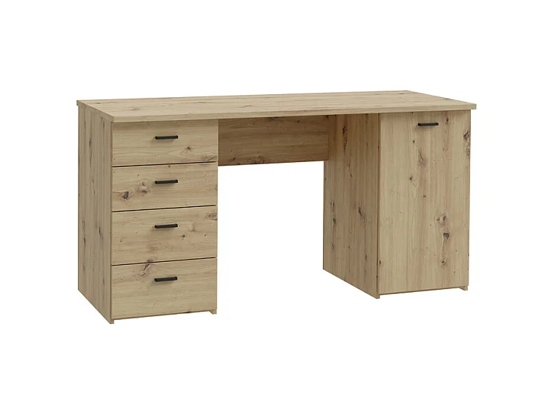 Bureau droit 145 cm décor chêne rustique 1 placard 4 tiroirs - MANOLO