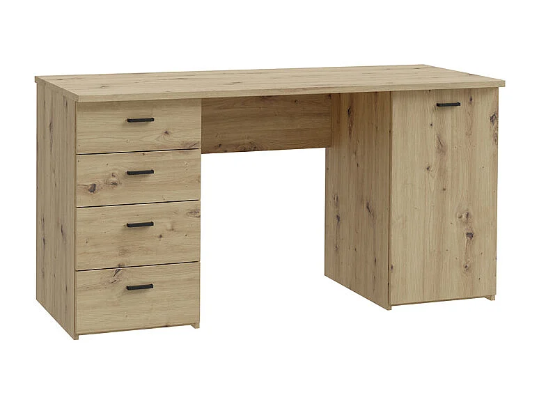 Bureau droit 145 cm décor chêne rustique 1 placard 4 tiroirs - MANOLO