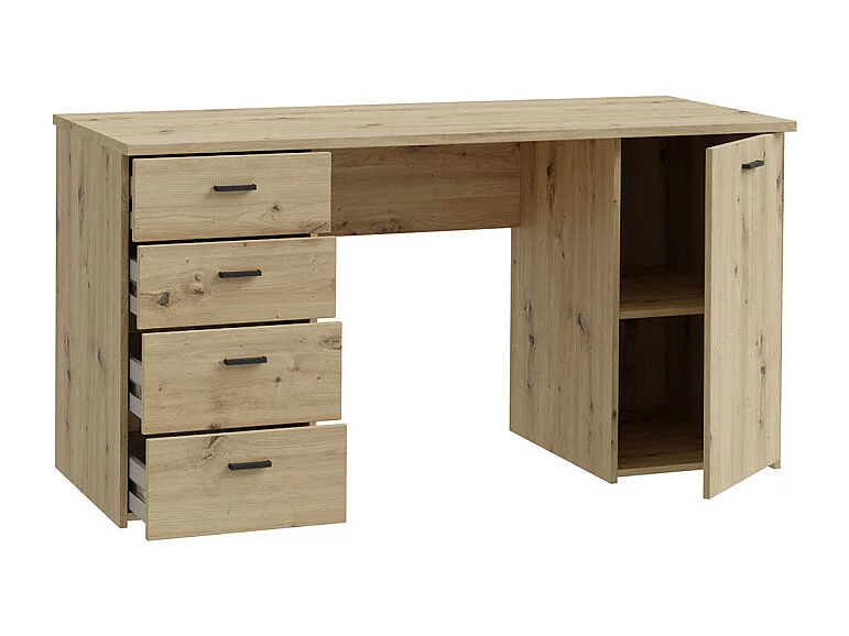 Bureau droit 145 cm décor chêne rustique 1 placard 4 tiroirs - MANOLO