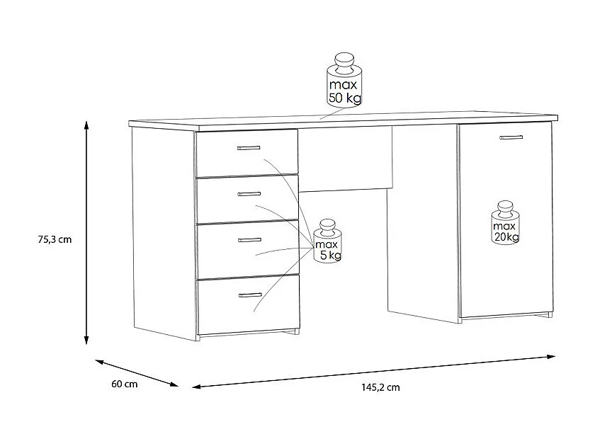Bureau droit 145 cm décor chêne rustique 1 placard 4 tiroirs - MANOLO