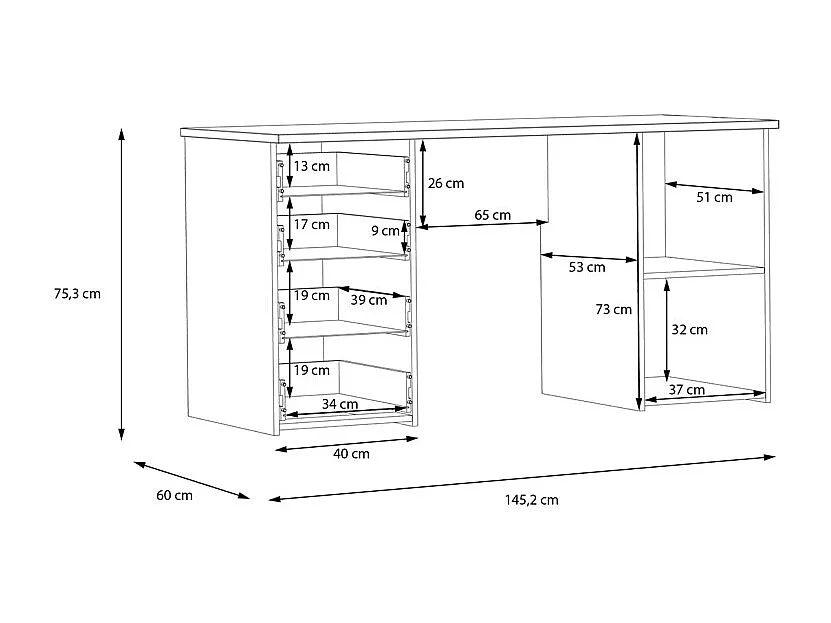 Bureau droit 145 cm décor chêne rustique 1 placard 4 tiroirs - MANOLO