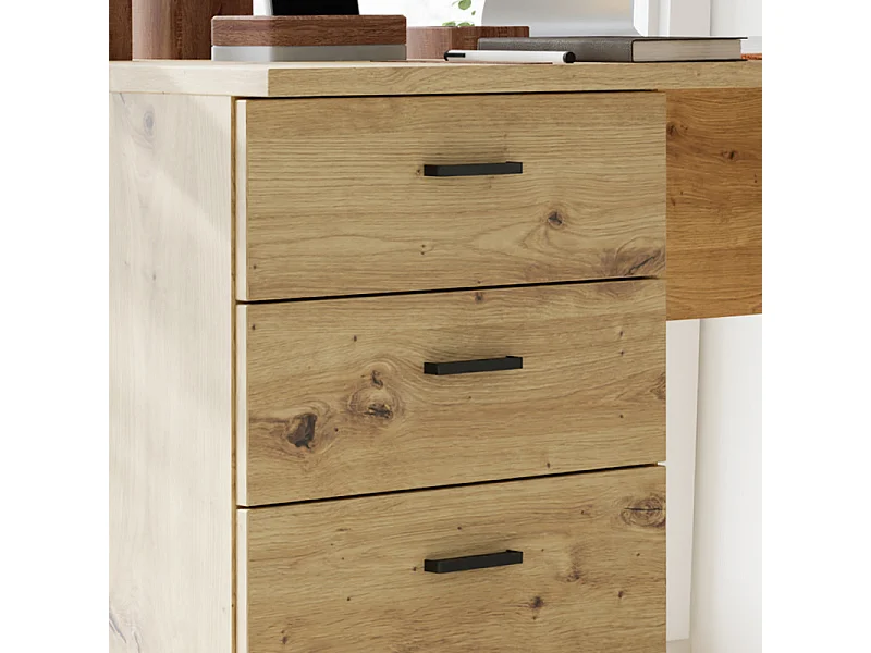 Bureau droit 145 cm décor chêne rustique 1 placard 4 tiroirs - MANOLO