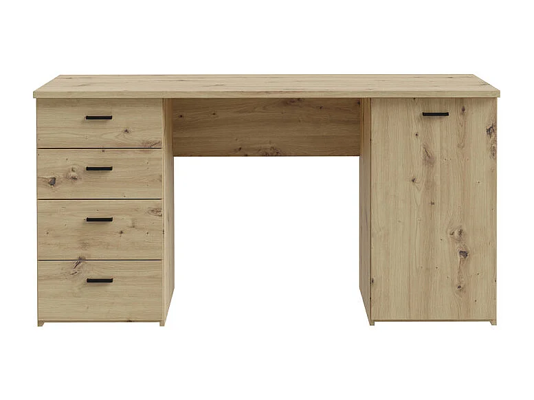 Bureau droit 145 cm décor chêne rustique 1 placard 4 tiroirs - MANOLO