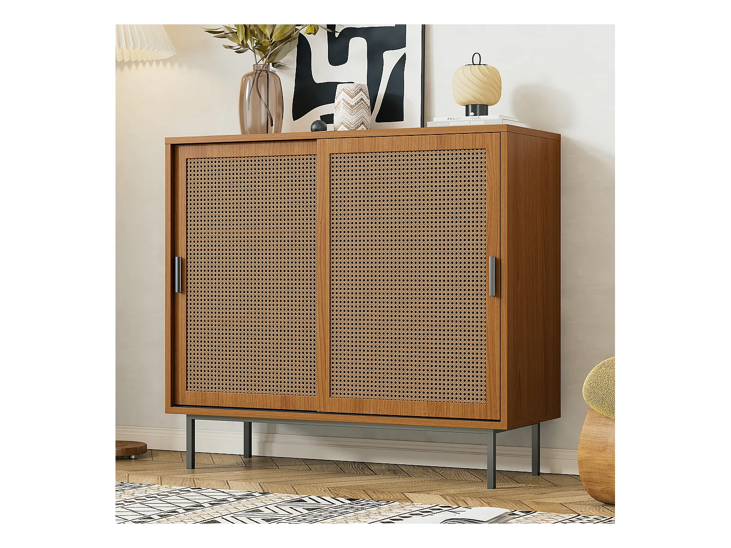 Buffet 2 portes coulissantes et étagère réglable - 100x 90 x 37 cm - Panneaux de particules - Noyer