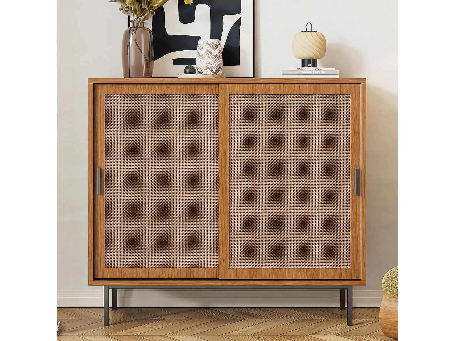 Dressoir met 2 schuifdeuren en verstelbare plank - 100x 90 x 37 cm - Spaanplaat - Walnoot