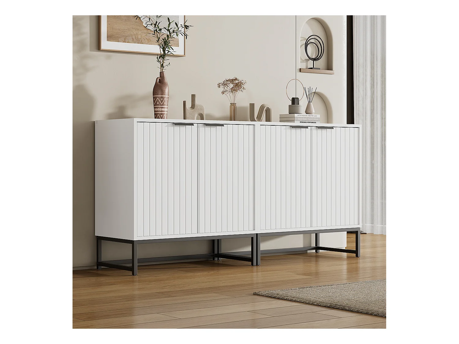 Buffet avec 4 portes avec poignées et pieds en métal - Panneaux de particules - Blanc