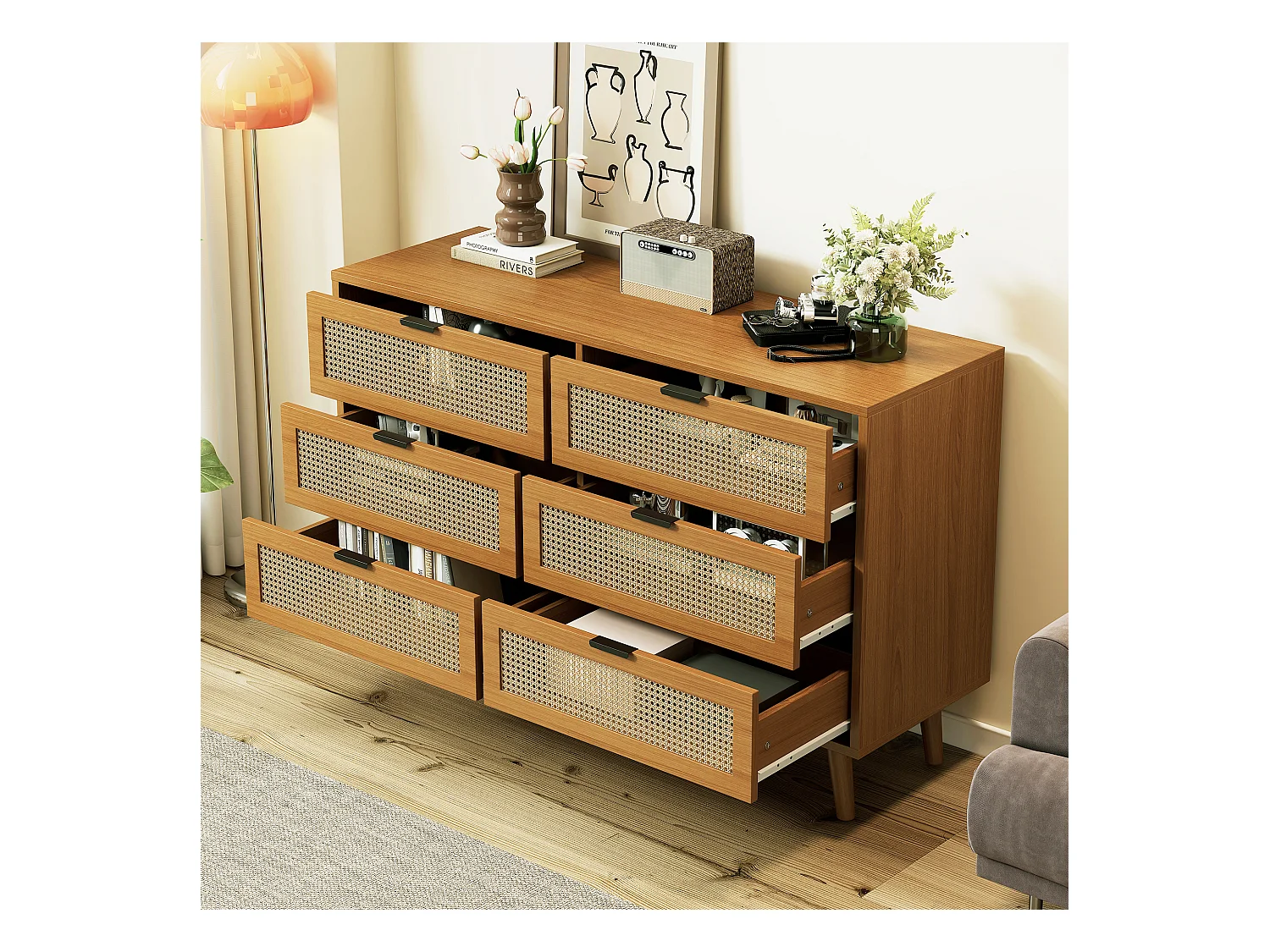 Cassettiera a 6 cassetti con maniglie in metallo - Truciolare + legno massello - Noce