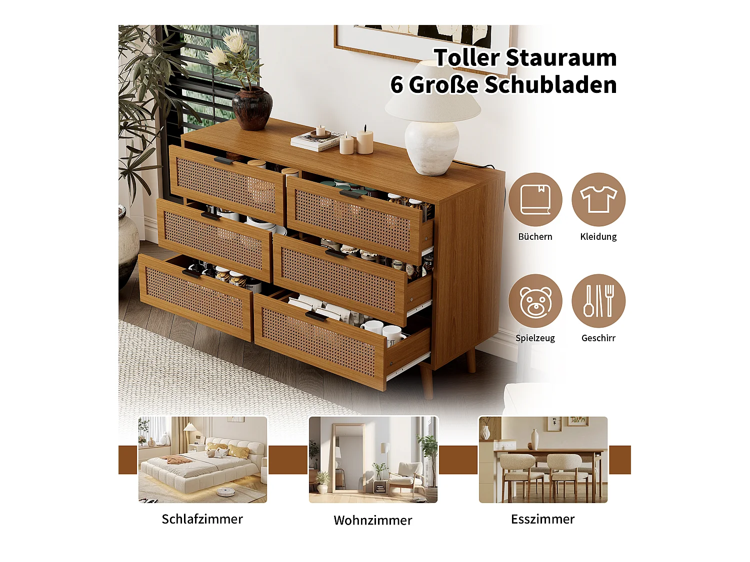 Cassettiera a 6 cassetti con maniglie in metallo - Truciolare + legno massello - Noce