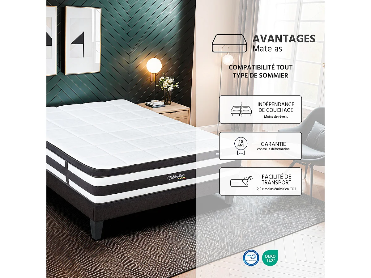 Matelas Fontainebleau - Ressorts ensachés + mémoire de forme - 25 cm - 90x200 cm