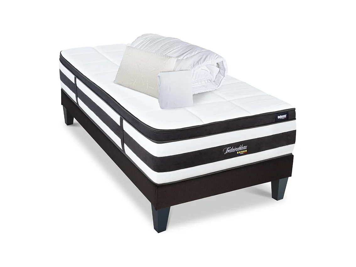 BELLECOUR LITERIE | Pack Prêt à dormir FONTAINEBLEAU 90x190 cm | Matelas Ressorts ensachés + Sommier + Accessoires