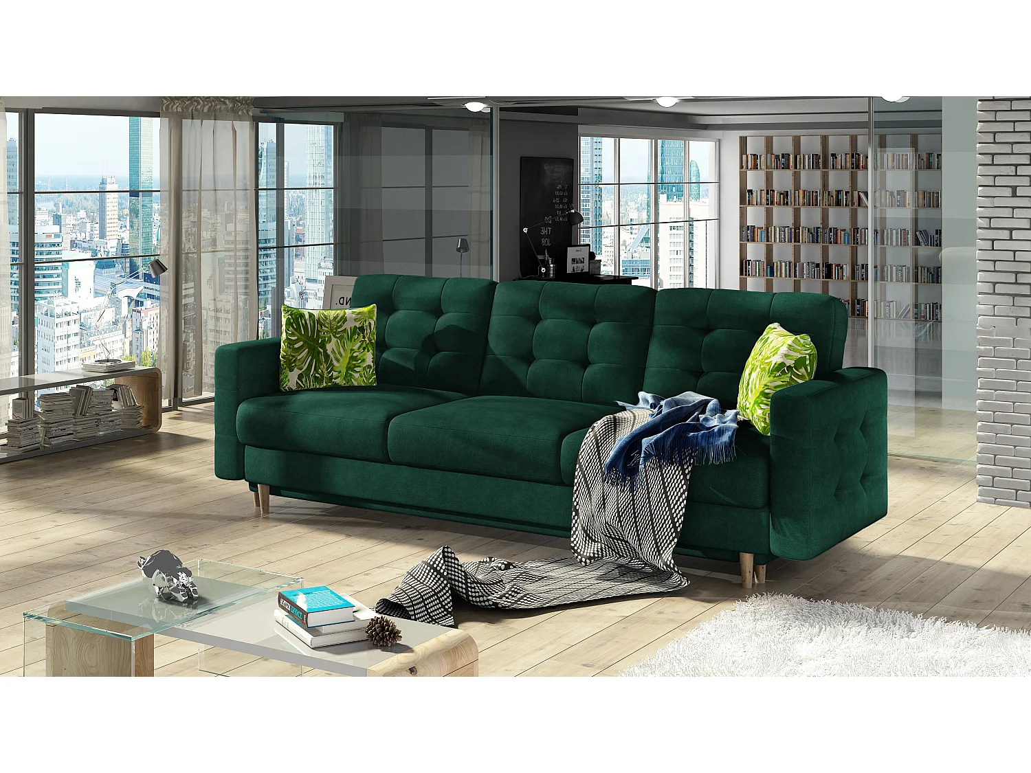 Canapé convertible velours ANSKA - Pieds bois naturel-Vert épinard