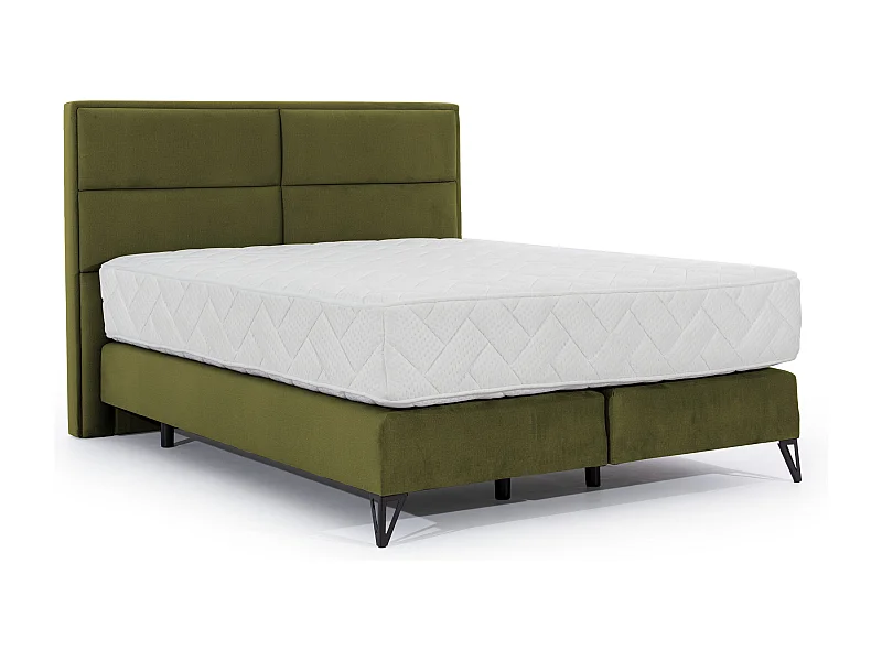 Tiempo continentaal bed van olijfgroene stof met latexmatras van 30 cm en zwart metalen poot-Slapen 140x200cm