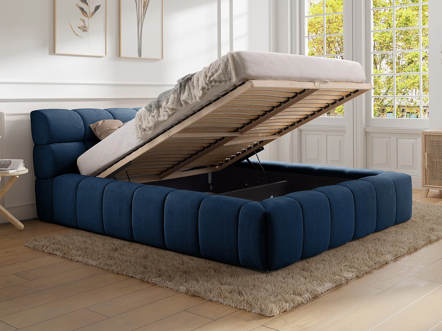 Lit coffre 180 x 200 cm - Tissu - Bleu nuit + Matelas - FORVIK II de Pascal Morabito