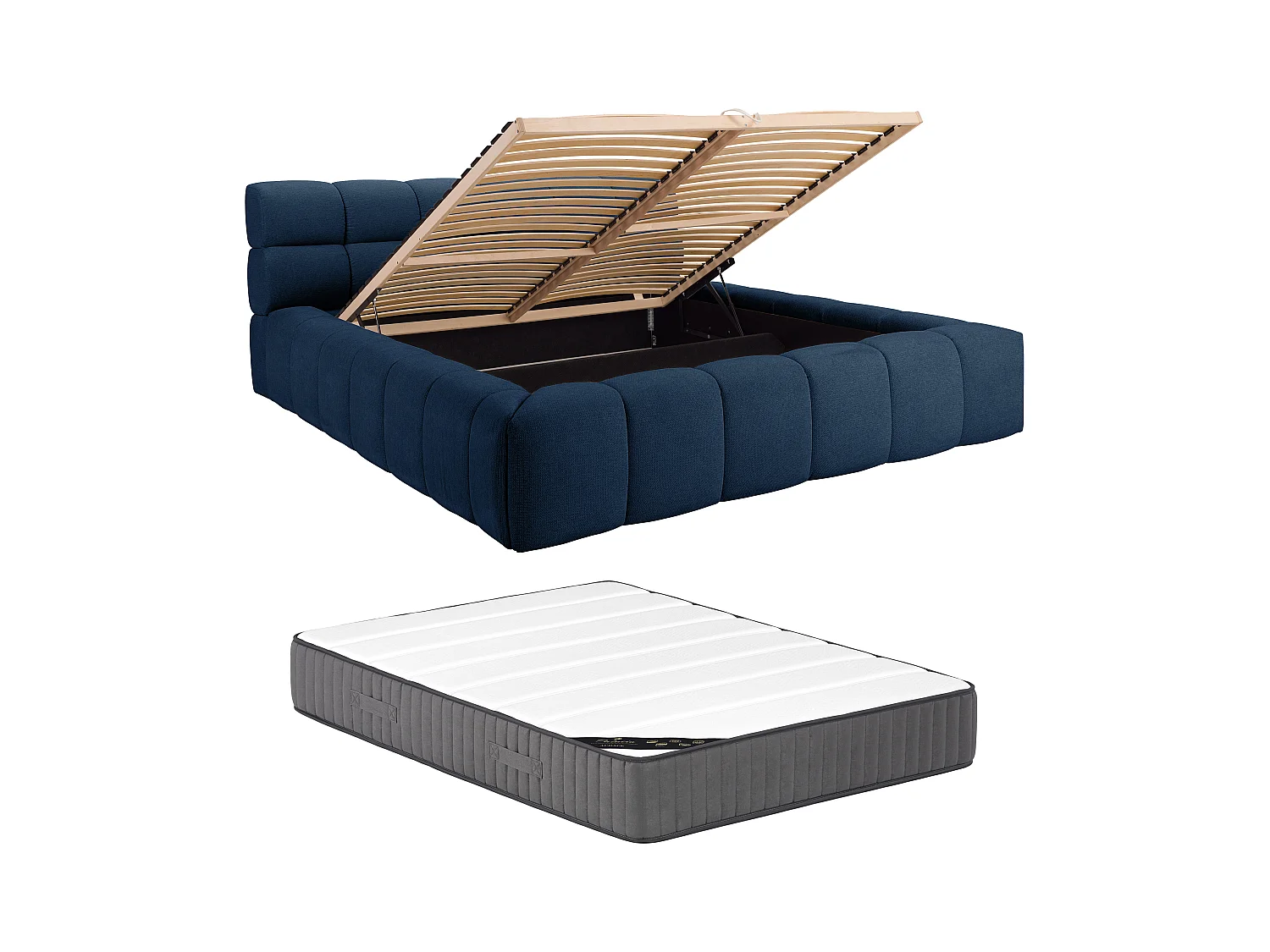 Lit coffre 180 x 200 cm - Tissu - Bleu nuit + Matelas - FORVIK II de Pascal Morabito