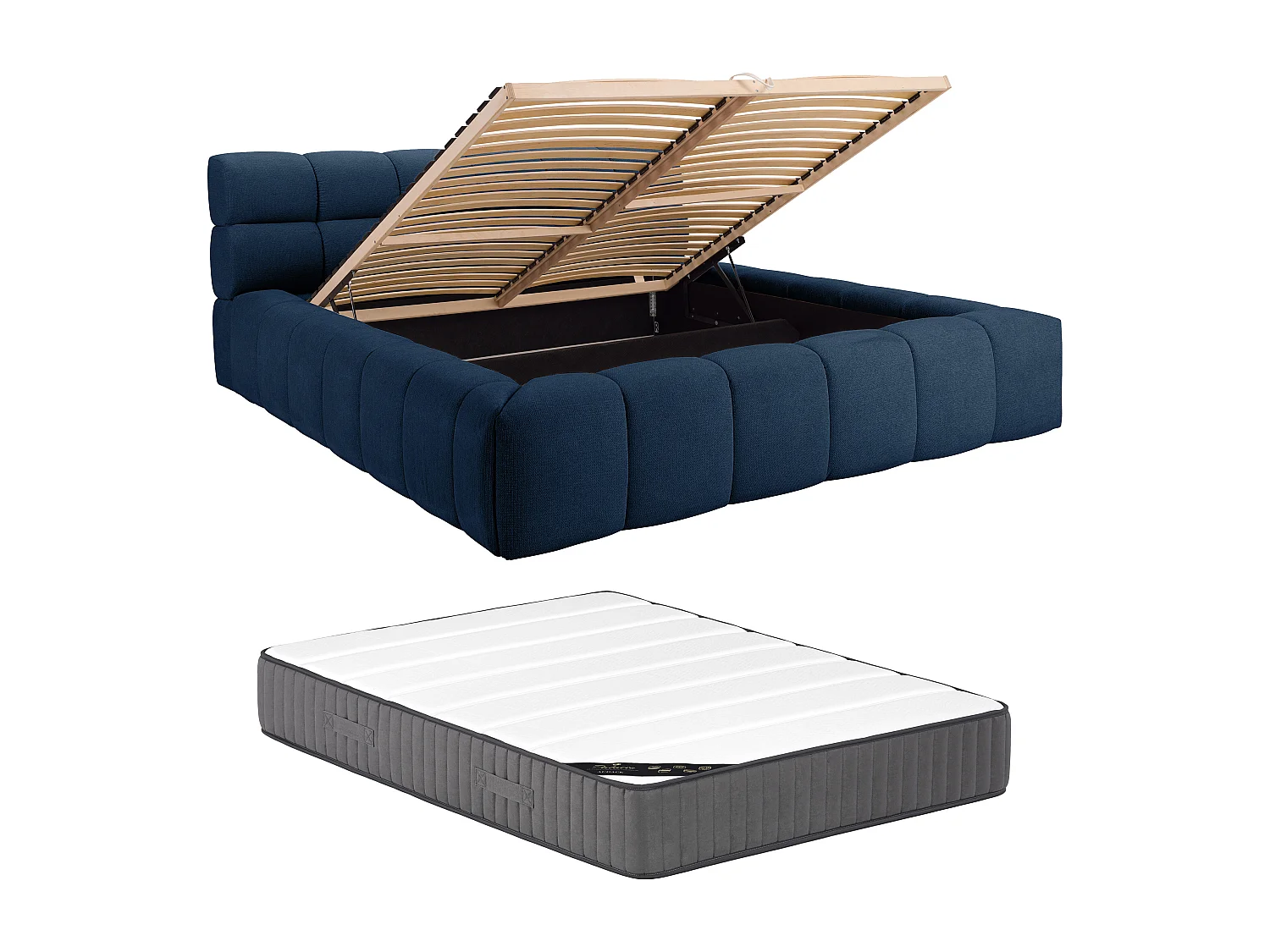Lit coffre 180 x 200 cm - Tissu - Bleu nuit + Matelas - FORVIK II de Pascal Morabito