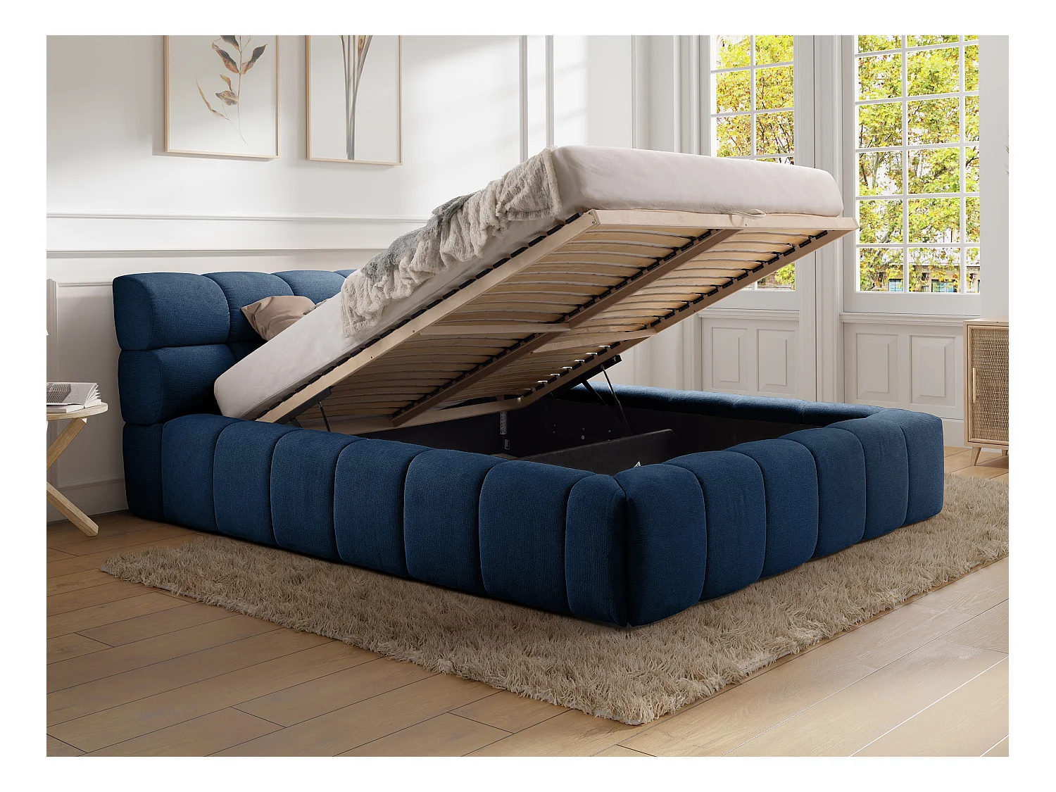 Bed met opbergruimte 180 x 200 cm - Stof - Donkerblauw + matras - FORVIK II van Pascal Morabito