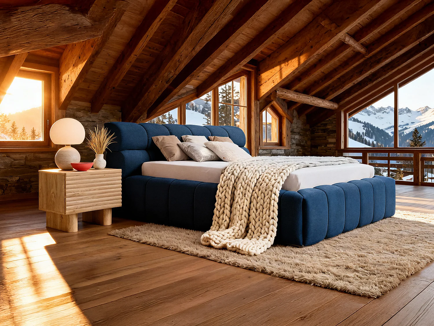 Letto con contenitore 160 x 200 cm Tessuto Blu notte + Materasso  - FORVIK II di Pascal Morabito