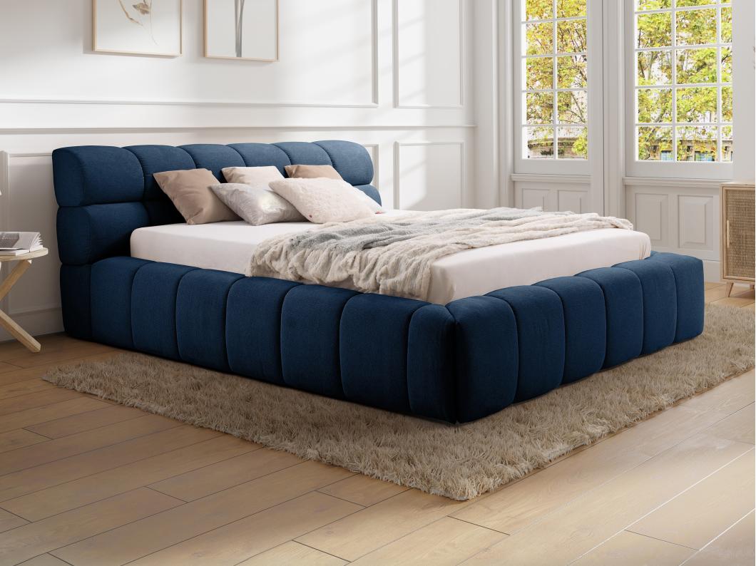 Letto con contenitore 160 x 200 cm Tessuto Blu notte + Materasso  - FORVIK II di Pascal Morabito