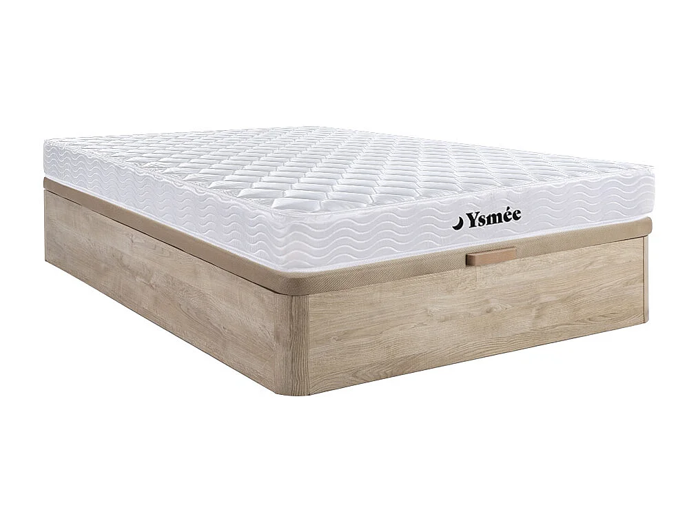 Set aus Bettgestell mit Bettkasten + Federkernmatratze mit Memory Schaum - 140 x 190 cm - Stärke 15 cm - Holzfarben hell - WOLKENLOS von YSMÉE