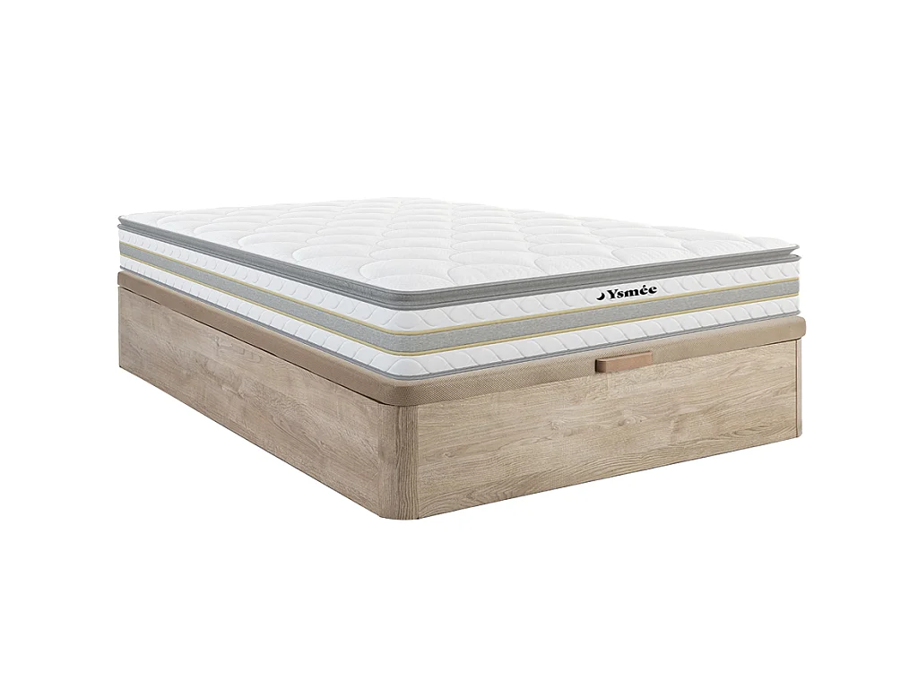 Zestaw 140 x 190 cm stelaż ze skrzynią naturalny jasny + materac o grub. 29 cm ze sprężynami kieszeniowymi i zintegrowaną nakładką - CANTERBURY marki YSMÉE