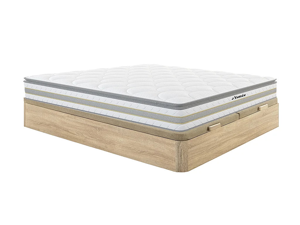 Ensemble 180 x 200 cm sommier coffre naturel clair + matelas ressorts ensachés et surmatelas intégré ép.29cm - CANTERBURY de YSMÉE