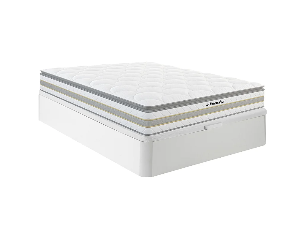 Conjunto somier baúl blanco + colchón de muelles ensacados y sobrecolchón integrado de 29 cm - CANTERBURY de YSMÉE