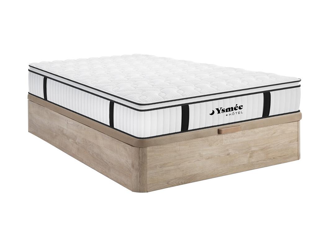 Ensemble 140 x 190 cm sommier coffre naturel clair + matelas anti-feu ressorts ensachés et surmatelas intégré ép.28cm - DELICE de YSMÉE HÔTEL