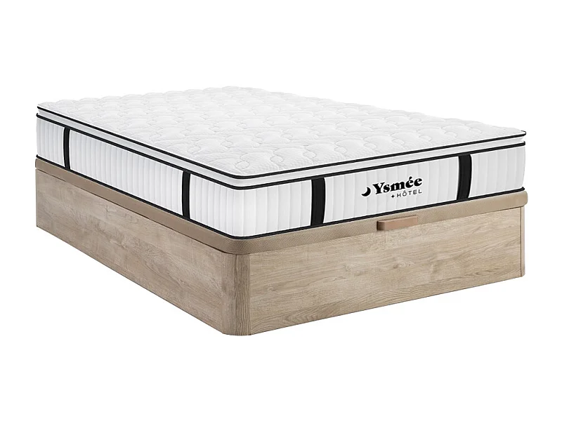 Conjunto 160x200 cm sommier com espaço de arrumação natural claro + colchão antigfogo molas ensacadas e sobrecolchão integrado esp. 28 cm - DELICE da YSMÉE HÔTEL