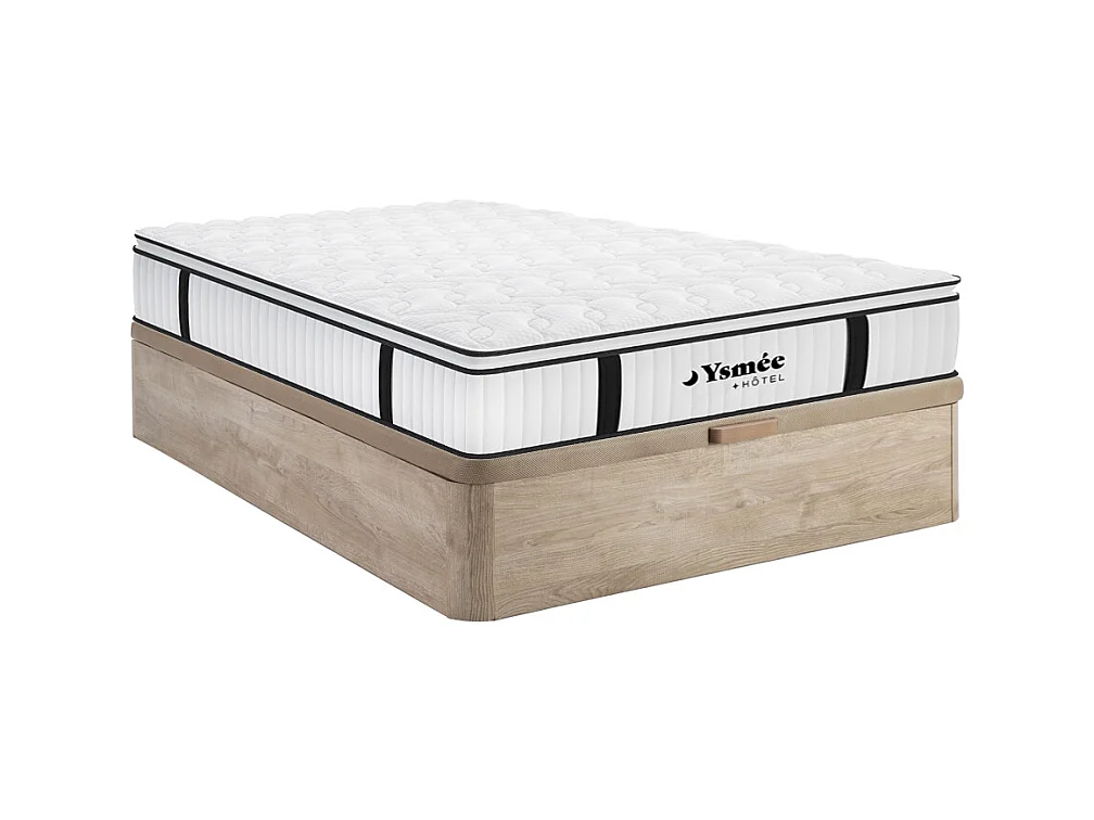 Set aus Bettgestell mit Bettkasten + Taschenfederkernmatratze feuerfest & Topper - 160 x 200 cm - Stärke 28 cm - Holzfarben hell - DELICE von YSMÉE HÔTEL