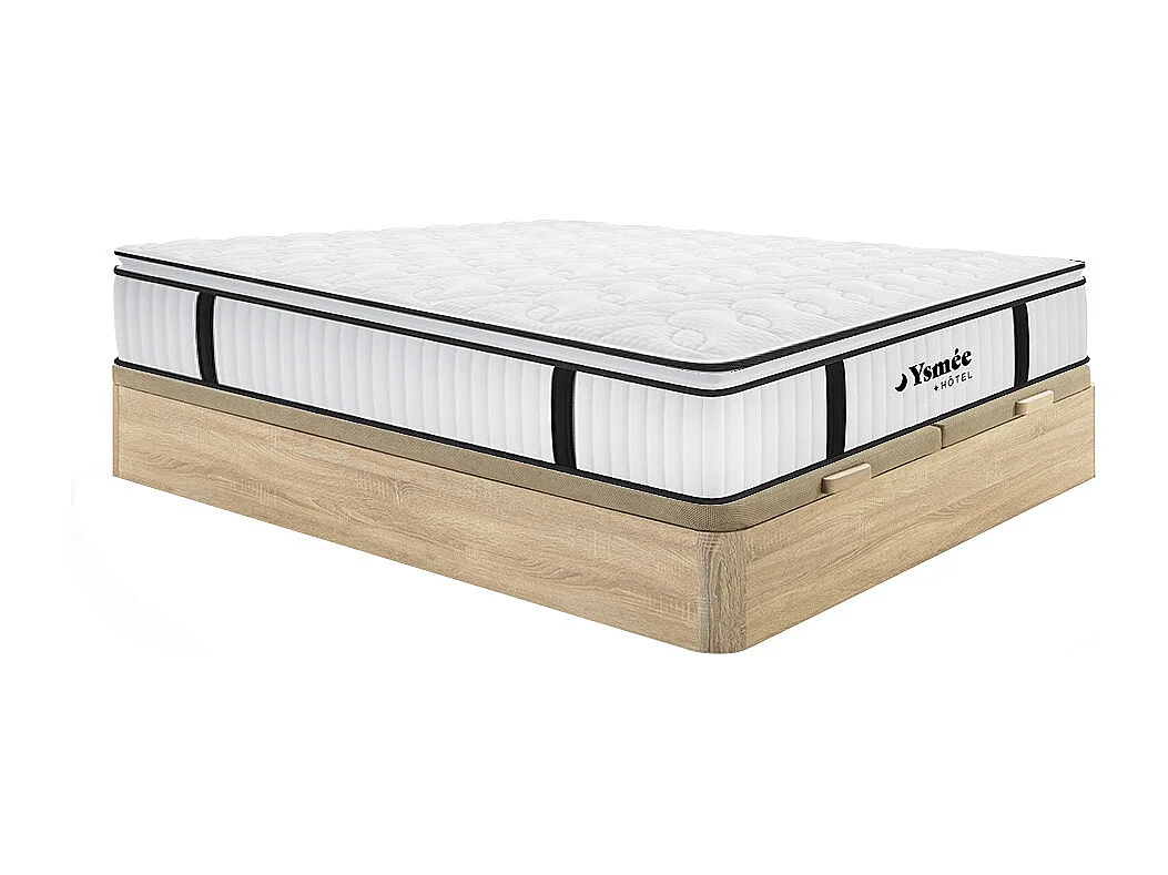 Sängpaket 180 x 200 cm med förvaringssäng  i ljus naturträ med brandsäkerpocketfjädermadrass och integrerad bäddmadrass 28 cm DELICE från YSMÉE HÔTEL