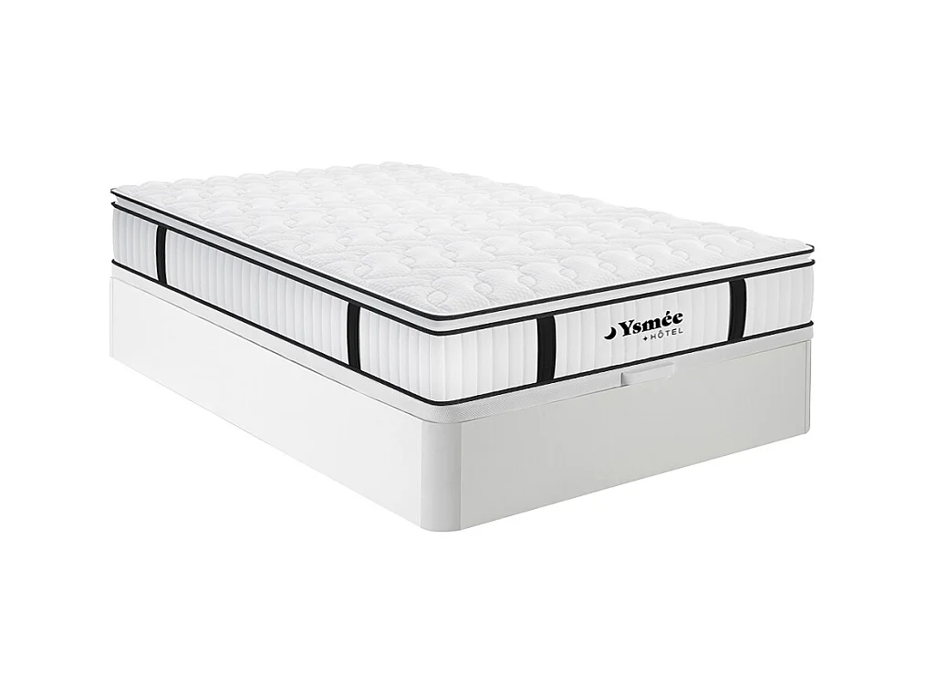 Set aus Bettgestell mit Bettkasten + Taschenfederkernmatratze feuerfest & Topper - 140 x 190 cm - Stärke 28 cm - Weiß - DELICE von YSMÉE HÔTEL