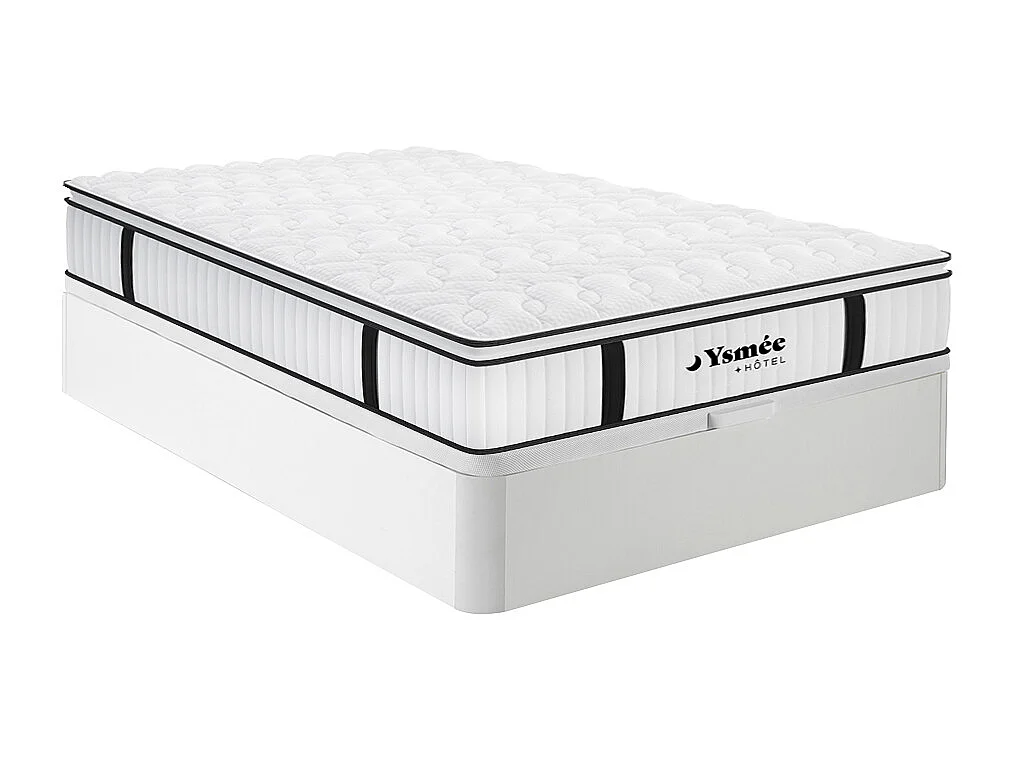 Ensemble 160 x 200 cm sommier coffre blanc + matelas anti-feu ressorts ensachés et surmatelas intégré ép.28cm - DELICE de YSMÉE HÔTEL