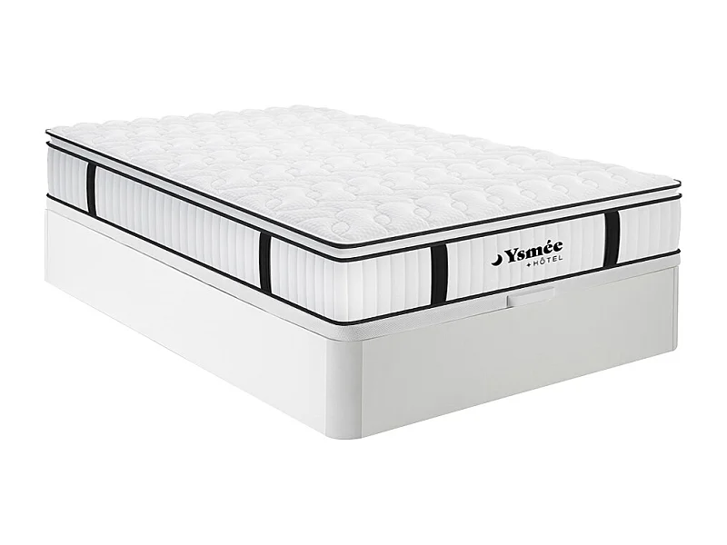Ensemble 160 x 200 cm sommier coffre blanc + matelas anti-feu ressorts ensachés et surmatelas intégré ép.28cm - DELICE de YSMÉE HÔTEL