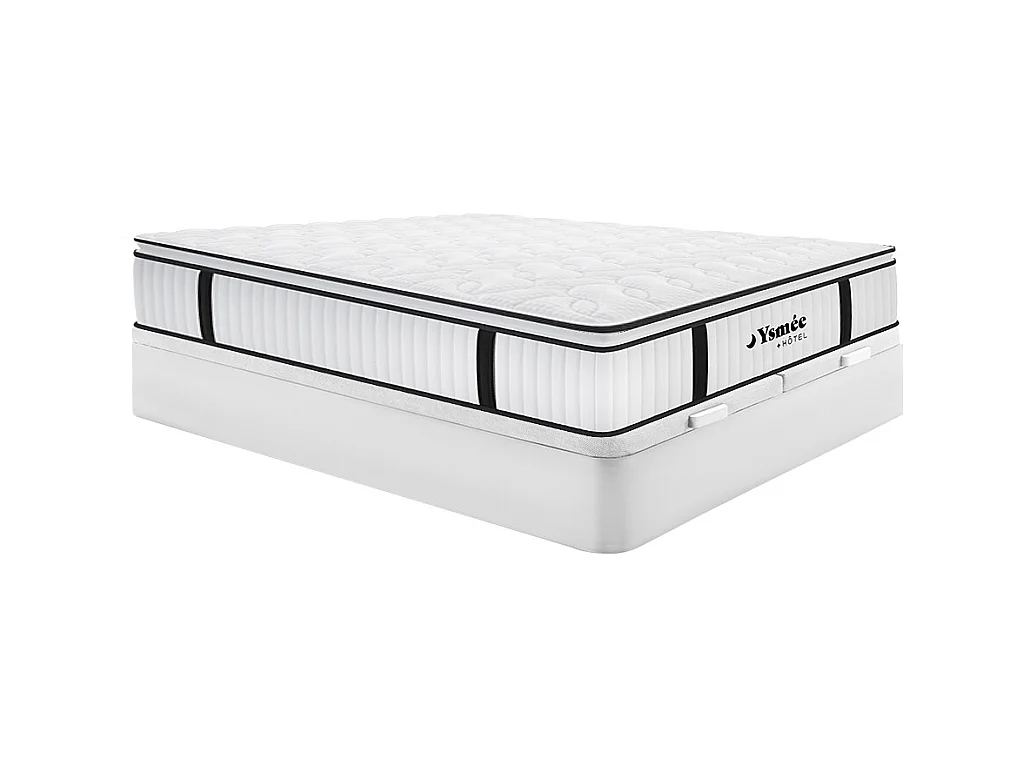 Ensemble 180 x 200 cm sommier coffre blanc + matelas anti-feu ressorts ensachés et surmatelas intégré ép.28cm - DELICE de YSMÉE HÔTEL