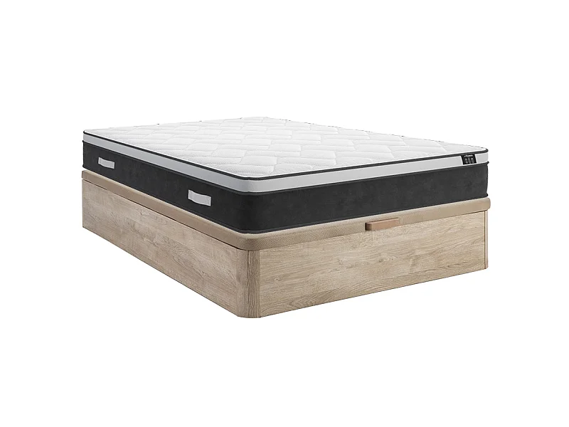 Set aus Bettgestell mit Bettkasten + Taschenfederkernmatratze mit Memory Schaum - 160 x 200 cm - Hybridmatratze - Stärke 25 cm - Holzfarben hell - ASTRIA Art Collection von YSMÉE