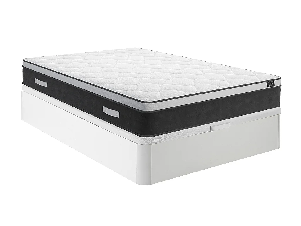 Set aus Bettgestell mit Bettkasten + Taschenfederkernmatratze mit Memory Schaum - 160 x 200 cm - Hybridmatratze - Stärke 25 cm - Weiß - ASTRIA Art Collection von YSMÉE