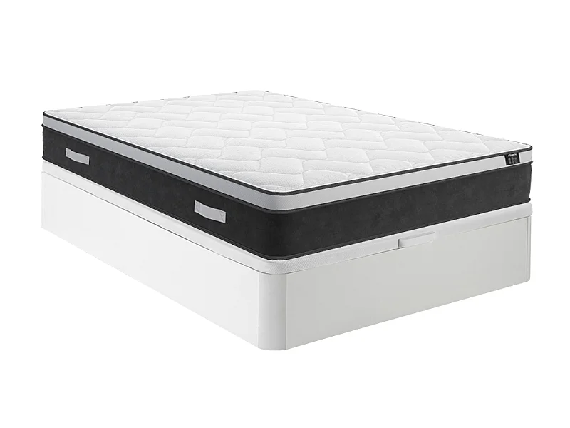 Set aus Bettgestell mit Bettkasten + Taschenfederkernmatratze mit Memory Schaum - 160 x 200 cm - Hybridmatratze - Stärke 25 cm - Weiß - ASTRIA Art Collection von YSMÉE