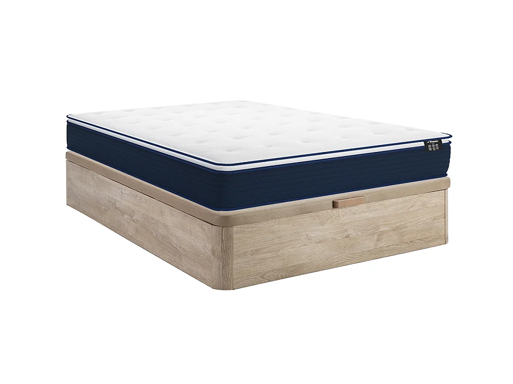 Set 140 x 190 cm bedbodem met opbergruimte, licht naturel + matras met pocketveren met ingebouwd dekmatras van 24 cm dik - ALTIER van YSMÉE