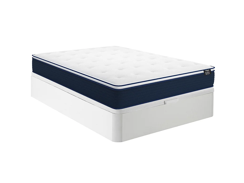 Set 140 x 190 cm bedbodem met opbergruimte, wit + matras met pocketveren met ingebouwd dekmatras van 24 cm dik - ALTIER van YSMÉE