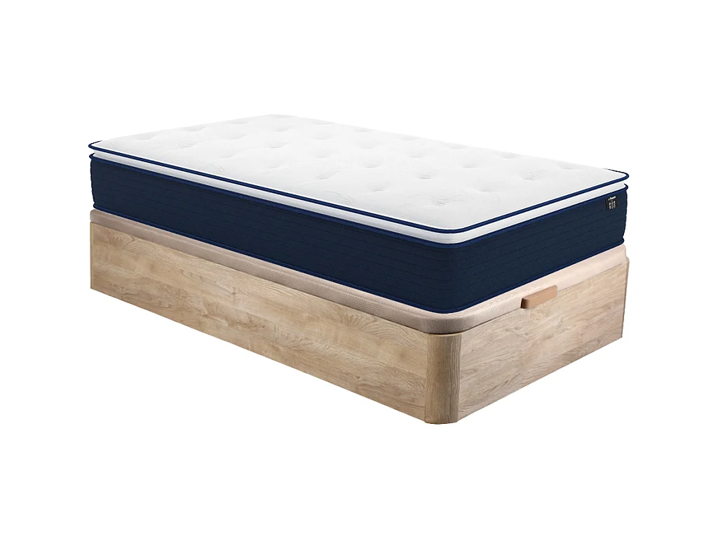 Set 90 x 190 cm bedbodem met opbergruimte, licht naturel + matras met pocketveren met ingebouwd dekmatras van 24 cm dik - ALTIER van YSMÉE