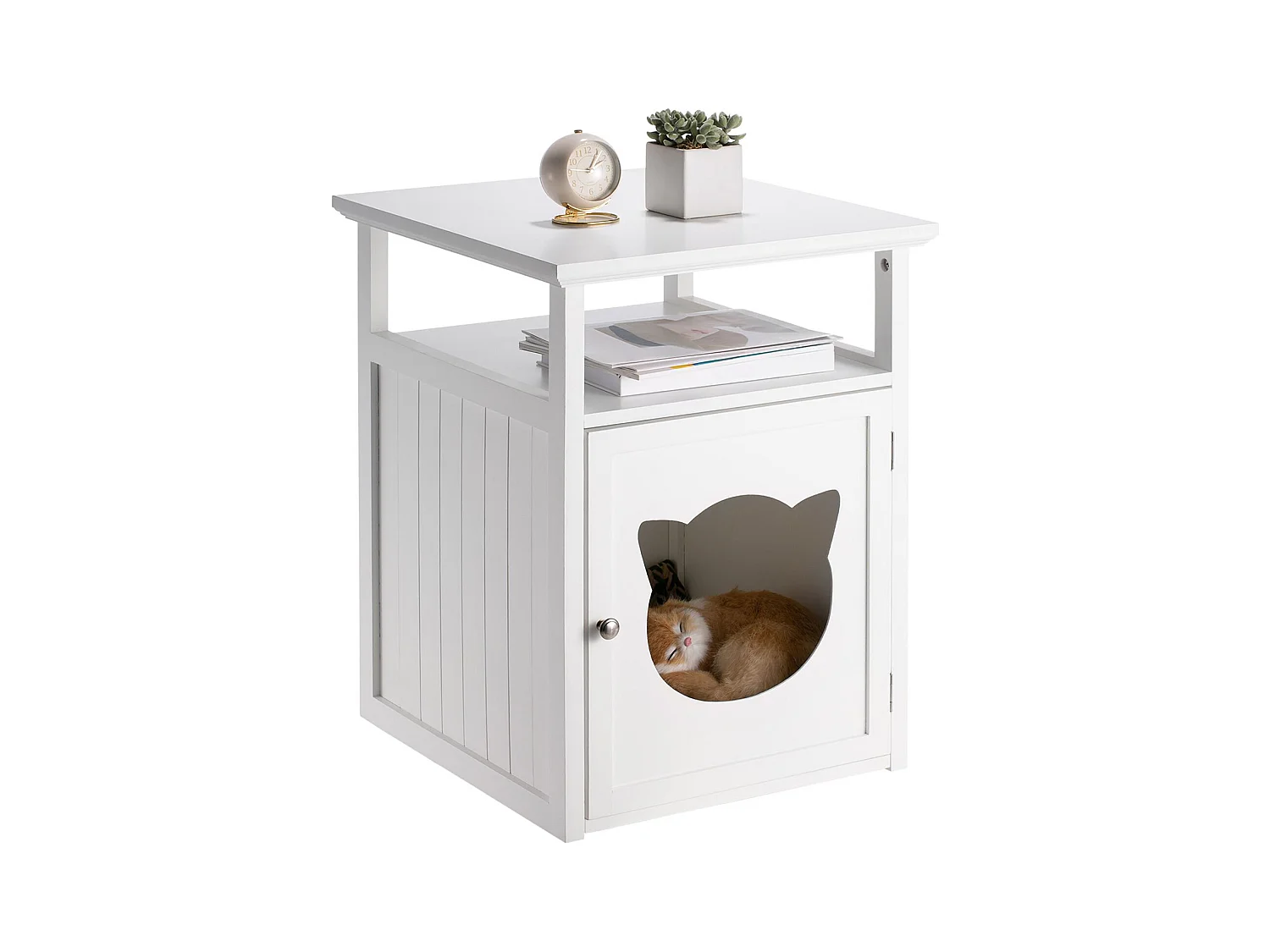 Table de chevet GATO petite commode avec un espace nid pour chat, en MDF lasuré de coloris blanc